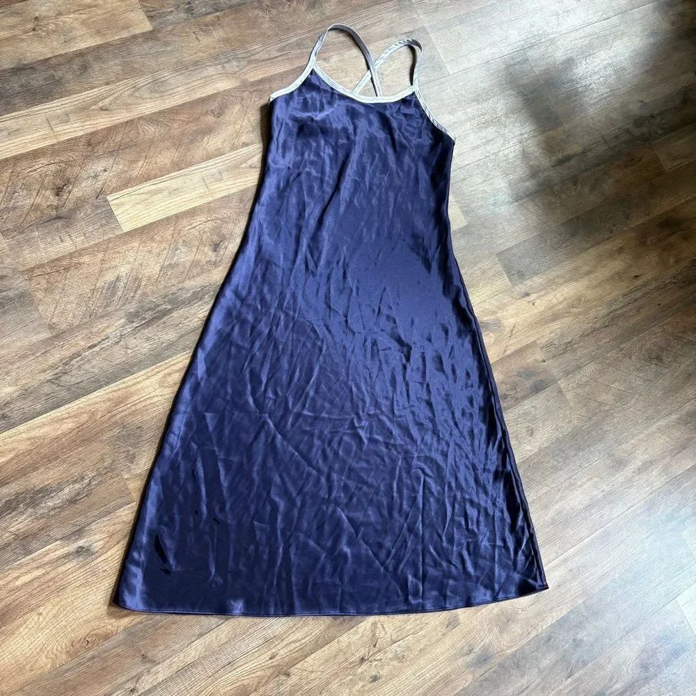 Halston M Navy Blue Satin Slip Dress Cross Back Spaghetti Straps Romantic Classy